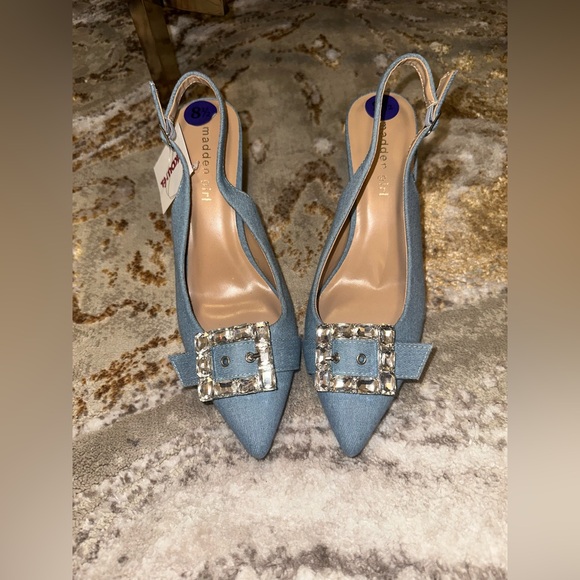 NWT Madden Girl Champp Denim Rhinestone Slingback Heels Size 8.5 - Picture 3 of 6
